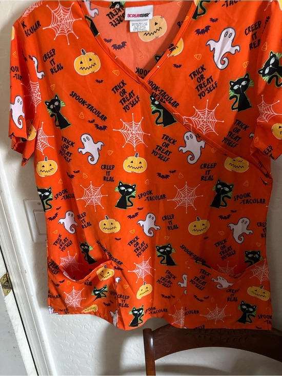 Scrubstar Tops - Scrubstar Halloween Orange Print V-Neck Scrub Top Halloween Print Scrub Top in